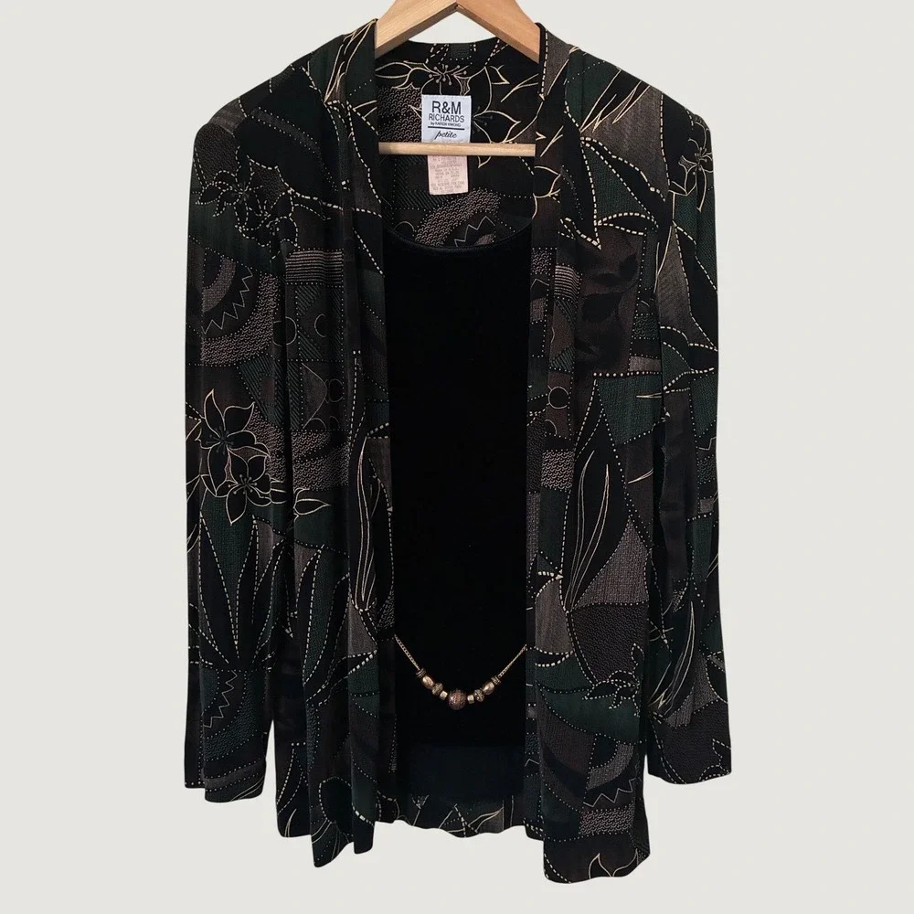 R&M Richards Vintage Grunge Floral Cardigan Set Black Green Petite 6P